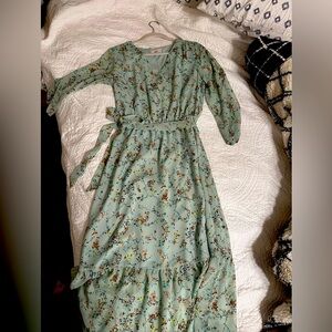 LOFT Green Tiered Ruffled Sundress with Bishop Sleeves